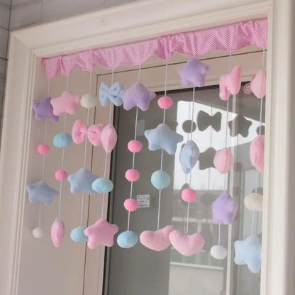 Cute Heart Stars Bow Curtains Door Curtain Short Romantic Curtains Girls Room Partiton Sweet Bead Tassel Curtain Window Valance