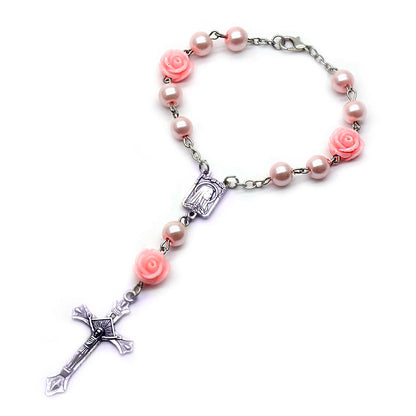 QIGO Glass Pearl Rosary Bracelets Resin Rose Flower Cross Religous Jewelry