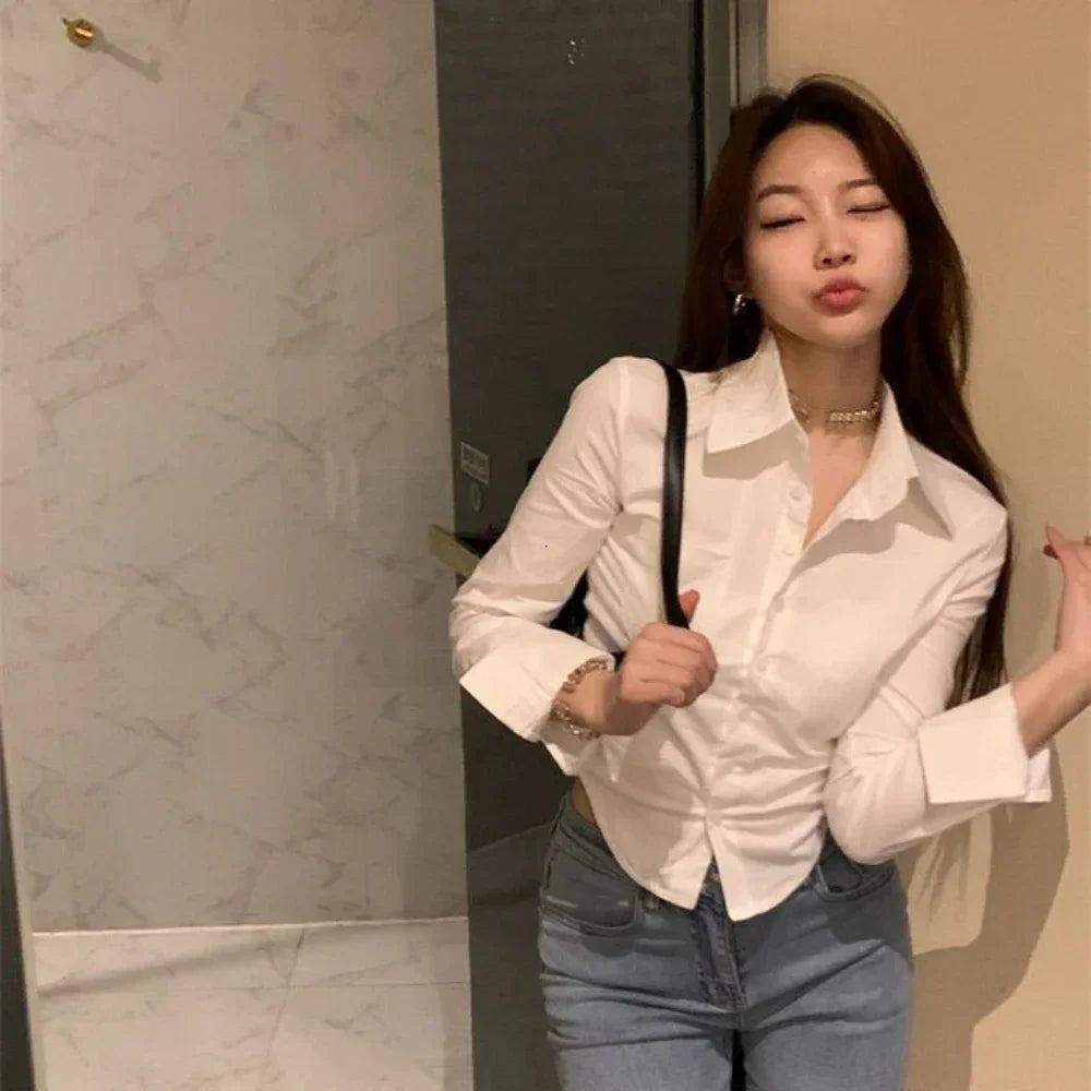 Shirts Women Folds Slim Fit Crop Tops Daily Design White Pure Korean Style Fashion Casual Office Lady All-match Tender Spring