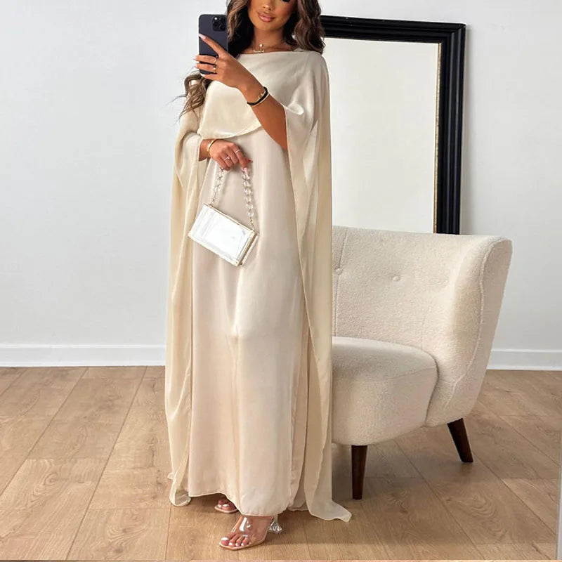 New Elegant Women Big Hem Long Dress Casual O Neck Solid Color Chiffon Loose Dress Muslim Ladies Shawl Sleeve Evening Dress Robe