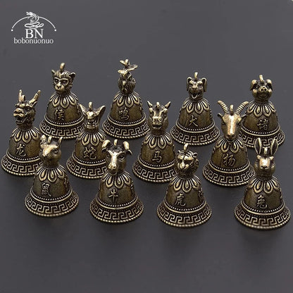 Brass Chinese 12 Zodiac Animals Heads Bell Keychain Pendants Jewelry Vintage Copper Feng Shui Car Key Chain Hanging Keyring Gift