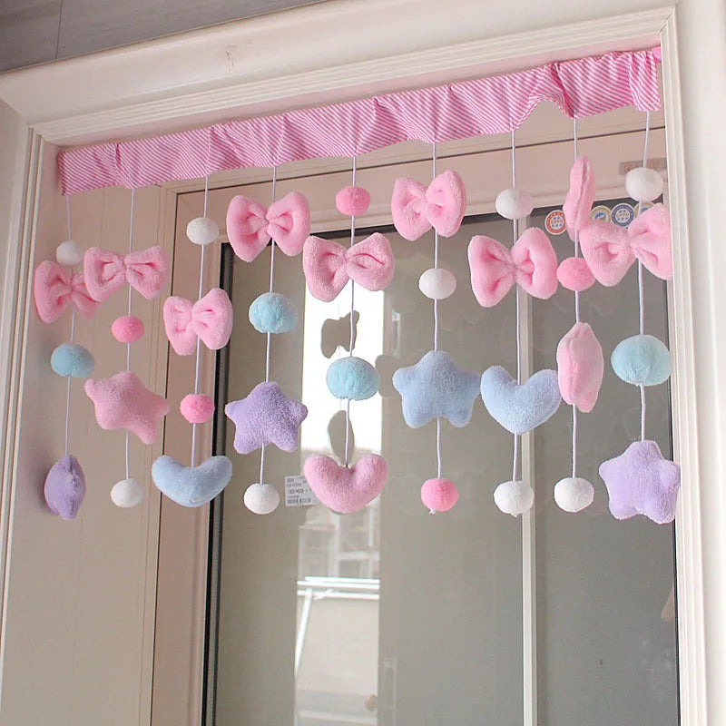 Cute Heart Stars Bow Curtains Door Curtain Short Romantic Curtains Girls Room Partiton Sweet Bead Tassel Curtain Window Valance