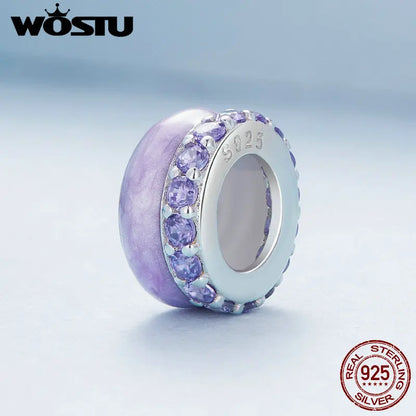 WOSTU 925 Sterling Silver Blue Pink Purple silica Spacer Bead Candy Charms With Shiny Zircon Fit Original Bracelet DIY Necklace