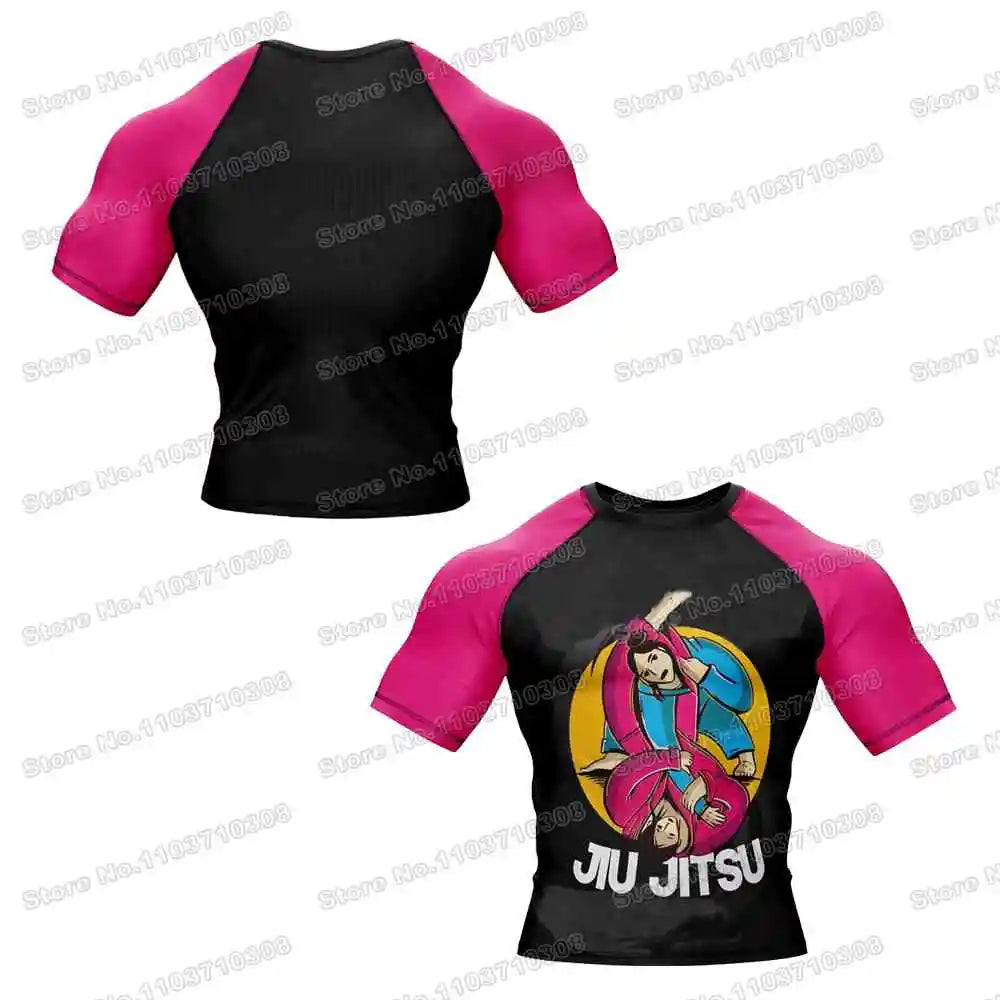 Pink Combatant Guard WWF Rash Guards Surfing Jersey Beach Shirts Swimwear Diving Gym Shorts MMA BJJ Men Jiu Jitsu Fitness Sets