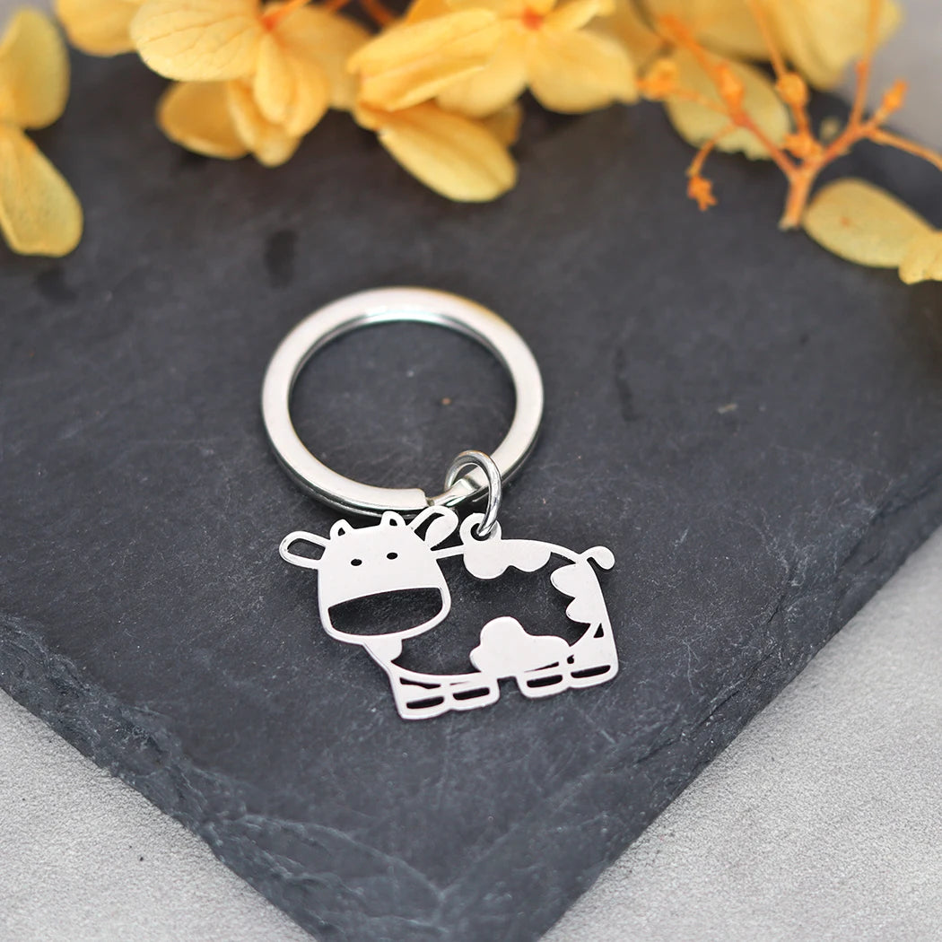 QIMING Cute Animal Cow Keychains Women Stainless Steel Jewelry Lovely Key Rings Men Party Gift