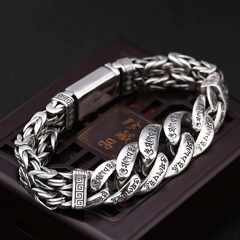 QN Silver Jewelry Men's Bracelet Personality Domineering Six-character Mantra Peace Pattern Chinese Style Retro Chain Accessory