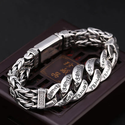 QN Silver Jewelry Men's Bracelet Personality Domineering Six-character Mantra Peace Pattern Chinese Style Retro Chain Accessory