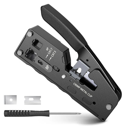 AMPCOM rj45 Crimper CAT7 Crimping Tool for Pass Through RJ11 RJ 45 Connector CAT6 CAT5E Modular Plugs With Wire Stripper Cutter