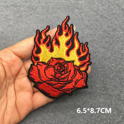 Flame Heart Patch Iron On Patches On Clothes Punk Stickers Embroidered Patches For Clothing Badge DIY