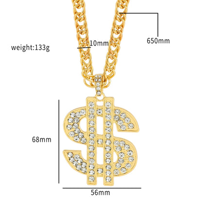 Gold Color Hip Hop Iced Out Crystal Dollar Sign Pendant Necklaces for Men Boys 10mm Width Chunky Chain Party Bar Accessory Gifts