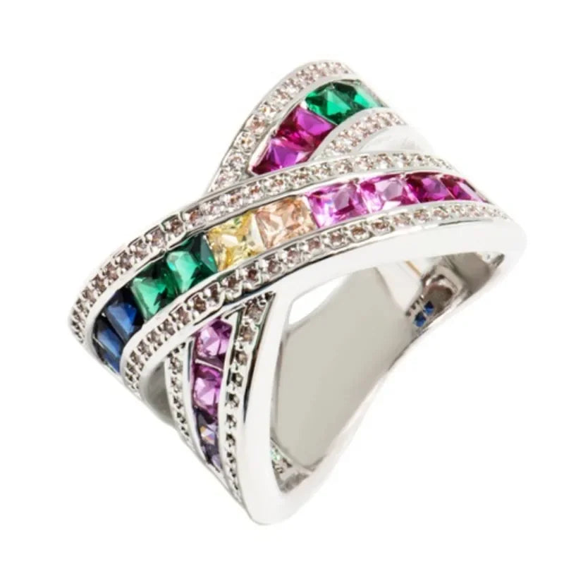 2024 New Fashion Colorful Cubic Zirconia Ring for Women Elegant Bridal Wedding Jewelry Band Cross Geometric Crystal Rings Gifts