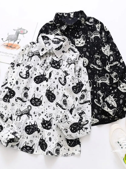 Spring Autumn Women's New Fashion Cat Printed Button Shirt Loose Design Satin Casual Collar Long Sleeve Top For Women