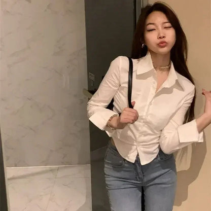 Shirts Women Folds Slim Fit Crop Tops Daily Design White Pure Korean Style Fashion Casual Office Lady All-match Tender Spring