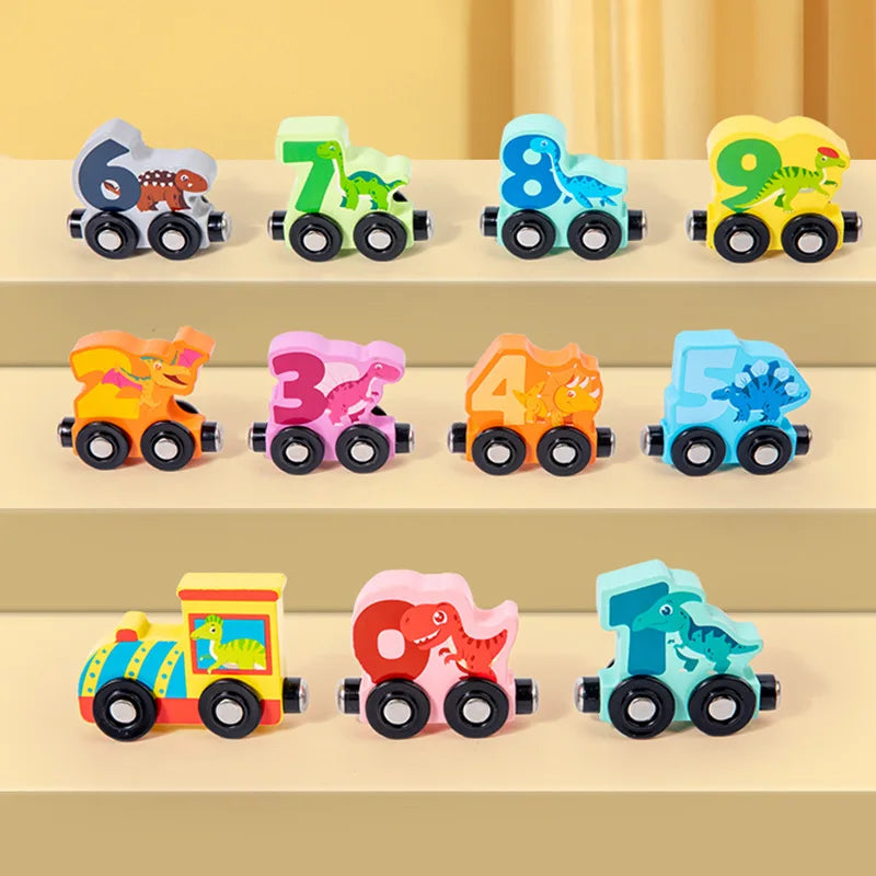 11PCS/Sets Magnetic Dinosaur Train Number Wooden Toy Learning Cars With Numbers Color Train Montessori Toys For Kids Toddler