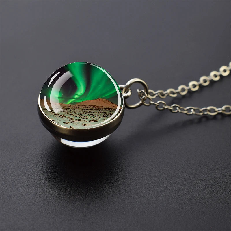 Aurora Borealis Necklaces Polar Light Life Tree Two Sided Pattern Glass Ball Pendant Chains Necklace for Women Men Jewelry Gift