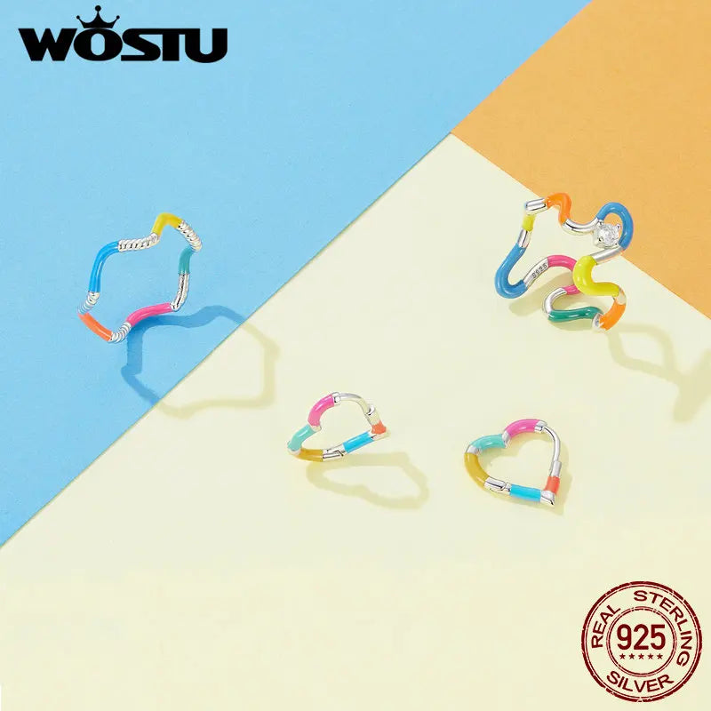 WOSTU Solid 925 Sterling Silver Rainbow Wave Rings For Women Candy-colored irregular Twist Ring Party Jewelry Bithday Gift