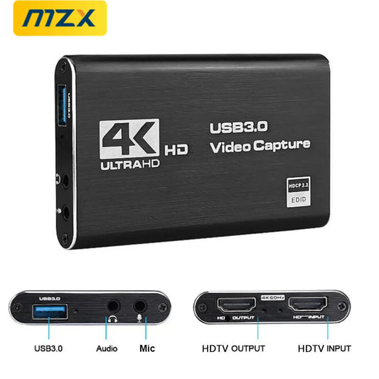 MZX Video Capture Card Box 4K HDMI-Compatible 60Hz 30Hz USB 3.0 1080P 60fps 30fps Live Recorder Grabber Capturer Game Audio Mic