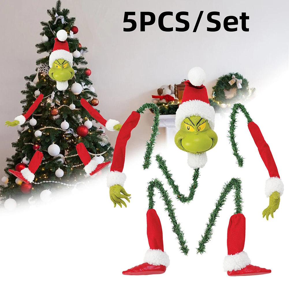 5PCS/Set Tree Decor Head & Arms & Legs Grinch Stole Stuffed Stuck Topper Garland Ornament Xmas Tree Topper Decor for Xmas Party