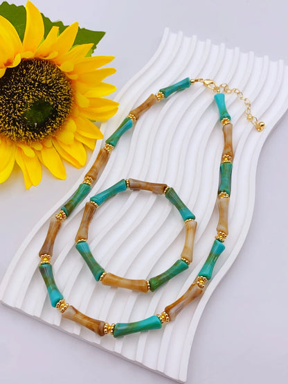 Colorful Handmade Elastic Bracelet and Necklace Set with Bamboo Acrylic Beads, Perfect for Women's Daily Wear jewelry for women