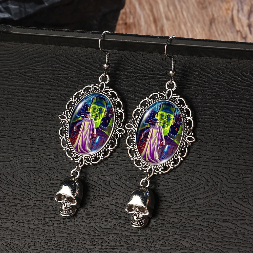 2024 New Arrival Fashion Halloween Frankenstein and His Bride Fish Hook Earrings Handmade Skeleton Dangles