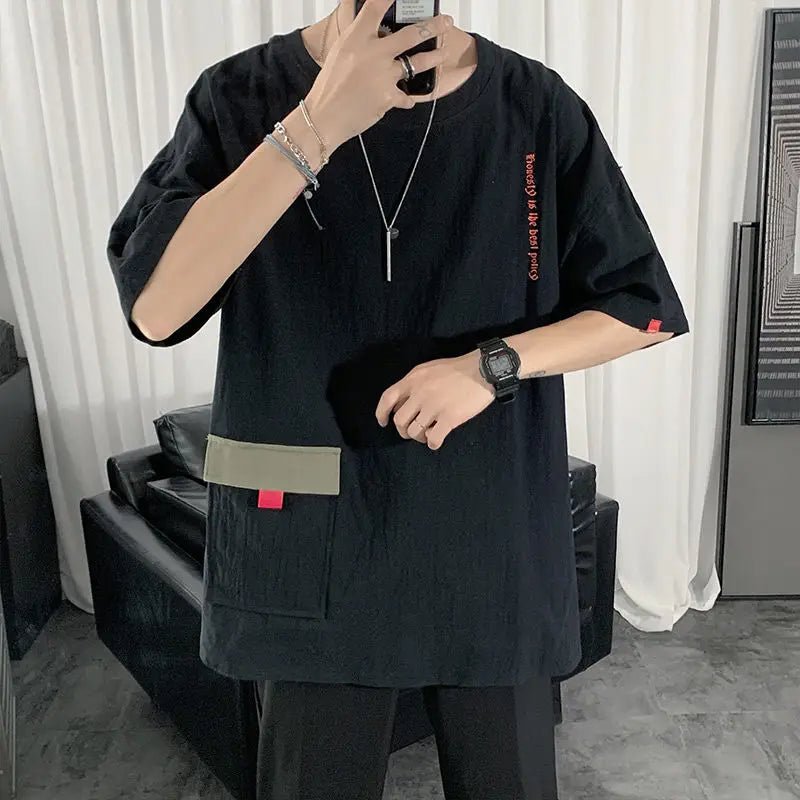 2023 Summer Men's Fashion Letter Pockets Casual Streetwear Cotton T-shirts Y2K Youth O Neck Short Sleeve Loose Tops Ropa Hombre