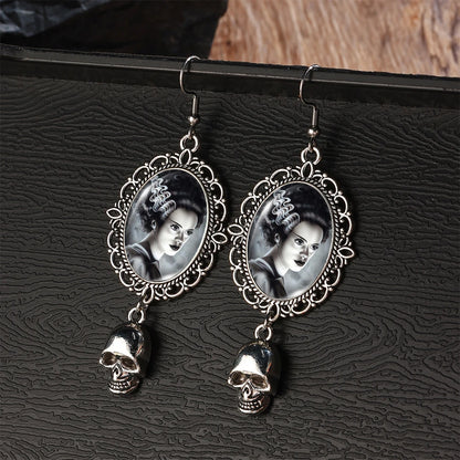 2024 New Arrival Fashion Halloween Frankenstein and His Bride Fish Hook Earrings Handmade Skeleton Dangles