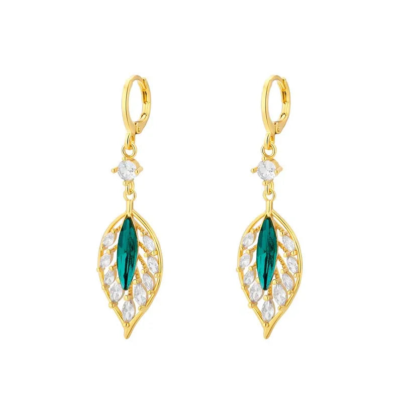 2024 New Fashion Green Crystal Leaf Pendant Earrings for Women Exquisite Cubic Zircon Tassel Earrings Wedding Jewelry Gifts