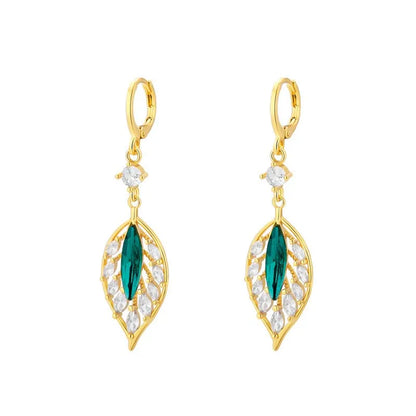 2024 New Fashion Green Crystal Leaf Pendant Earrings for Women Exquisite Cubic Zircon Tassel Earrings Wedding Jewelry Gifts