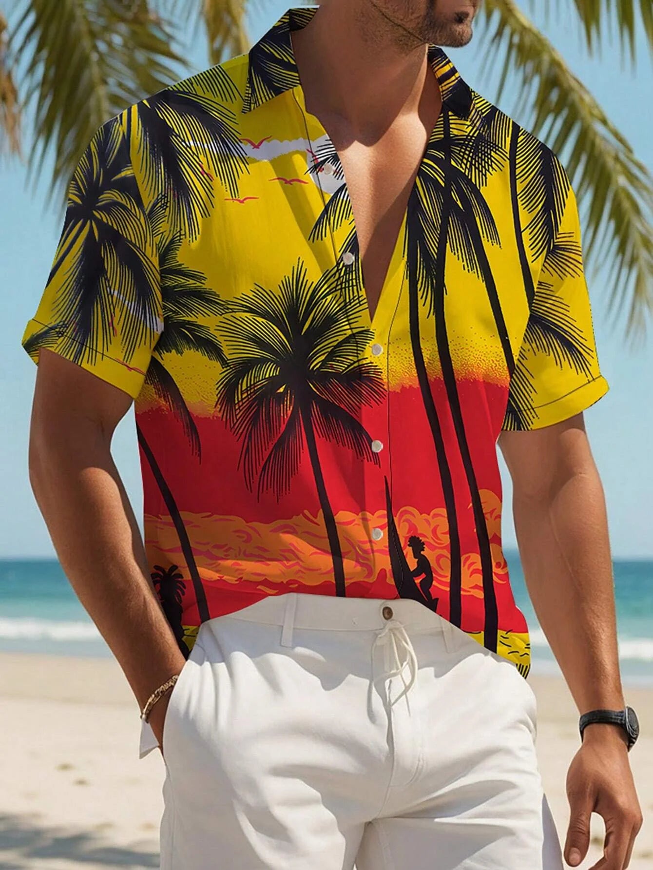 Men's Plant Print Vacation Style Short Sleeve Button-Down Shirt Outdoor Vacation Beach Summer Turndown Tee Spandex Hawaii Shirts