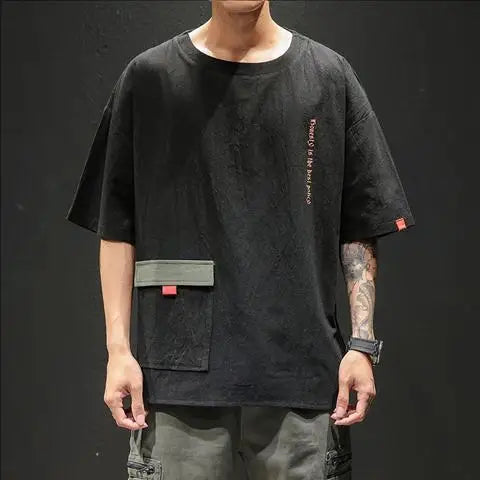 2023 Summer Men's Fashion Letter Pockets Casual Streetwear Cotton T-shirts Y2K Youth O Neck Short Sleeve Loose Tops Ropa Hombre