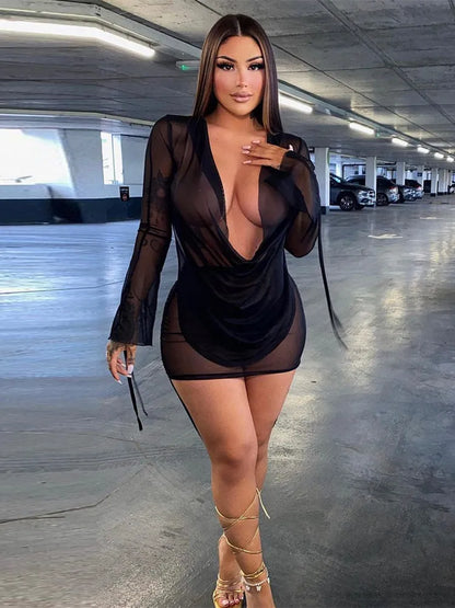 hirigin Deep V Neck Sexy Mini Mesh Dress Women Party Outfit 2023 Black See Through Long Sleeve Spring Club Bodycon Dress