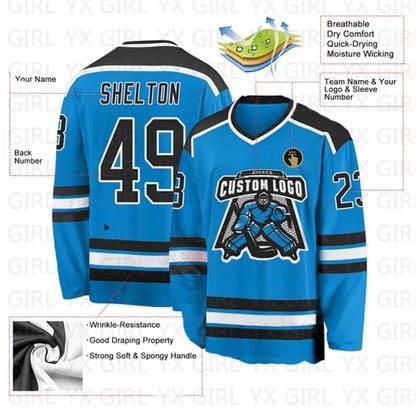 Custom Blue Black-White Hockey Jersey 3D Print You Name Number Youth Women Men Hockey Jersey Competition Training Jerseys