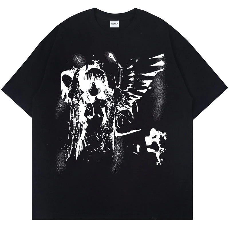 Harajuku Goth Men Japanese Anime Tshirt Cartoon Angel Wings Graphic T-Shirt 2024 Hipster Clothing Cotton Y2K Tops Streetwear Tee