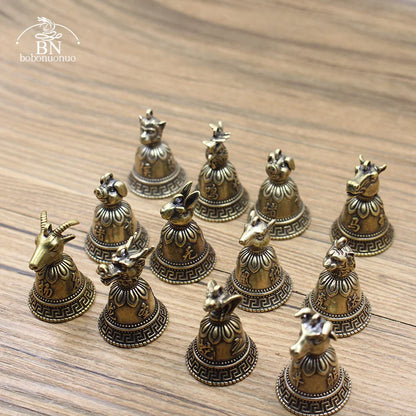 Brass Chinese 12 Zodiac Animals Heads Bell Keychain Pendants Jewelry Vintage Copper Feng Shui Car Key Chain Hanging Keyring Gift