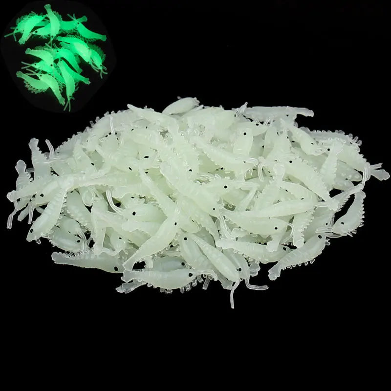 50pcs/lot Soft Silicone Shrimp Fishing Lures 2.8cm 0.3g Small Light Green Freshwater Fishing Shrimp Bait Glow Luminous for Bass