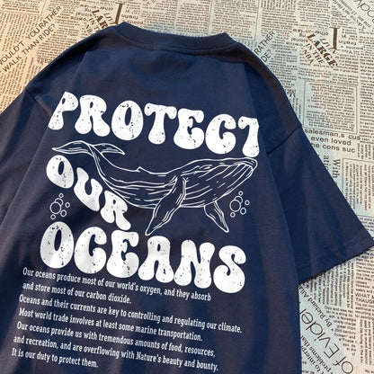 Protect Our Oceans Whale Landing Clothing Men Summer New T-Shirts Vintage Loose Half Sleeves Personality Oversize T-Shirts Women