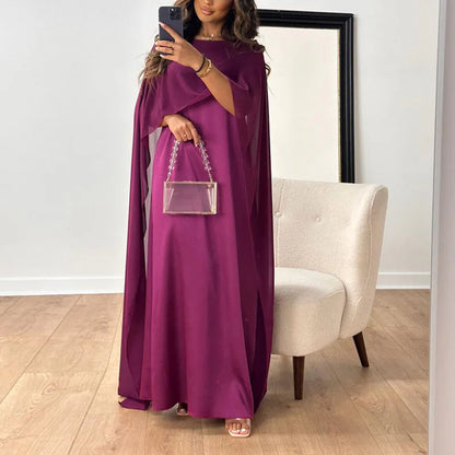 New Elegant Women Big Hem Long Dress Casual O Neck Solid Color Chiffon Loose Dress Muslim Ladies Shawl Sleeve Evening Dress Robe