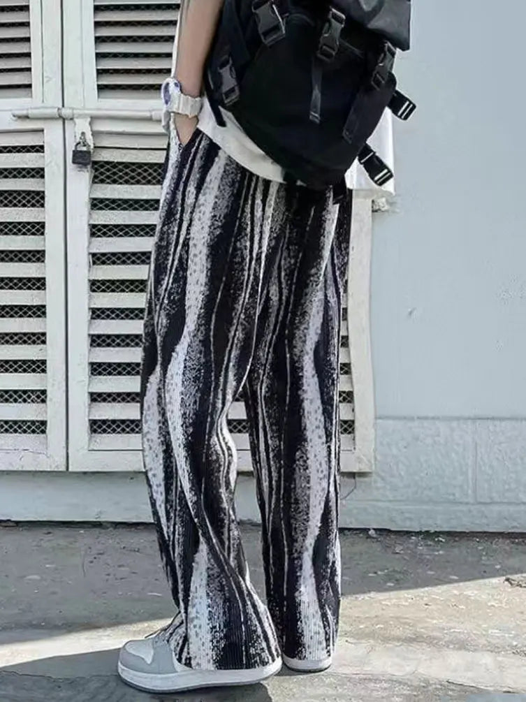 Streetwear Tie-Dye Ice Silk Summer Baggy Wide Leg Oversize Pants Men Japenese Harajuku Straight Long Trousers Korean Popular