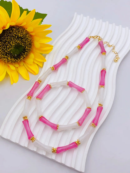 Colorful Handmade Elastic Bracelet and Necklace Set with Bamboo Acrylic Beads, Perfect for Women's Daily Wear jewelry for women