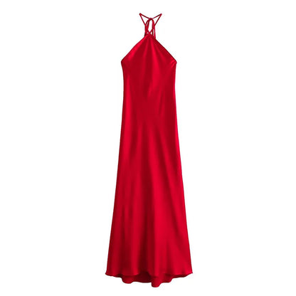 TRAF 2023 New Women's Fashion Chic Long Dresses Red Sleeveless Backless Lace-Up Female Vintage Slim Dresses For Evening Party