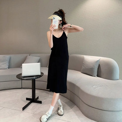 V-Neck Spaghetti Strap Dress Bra Padded Summer women's slipdress Solid color Camisole Homewear dresses Comfortable Sleepdress