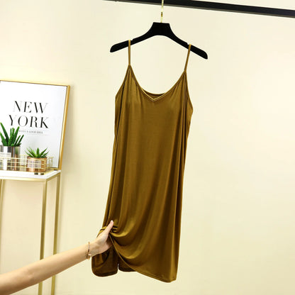 V-Neck Spaghetti Strap Dress Bra Padded Summer women's slipdress Solid color Camisole Homewear dresses Comfortable Sleepdress