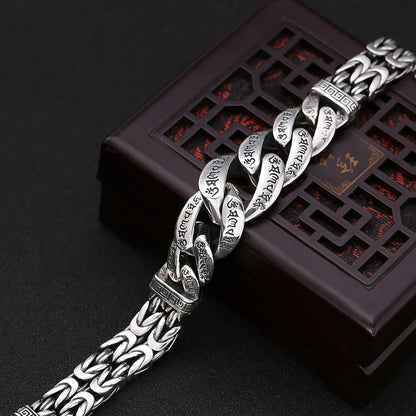 QN Silver Jewelry Men's Bracelet Personality Domineering Six-character Mantra Peace Pattern Chinese Style Retro Chain Accessory