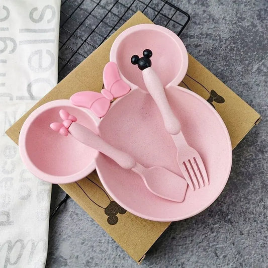 3Pcs/set Cartoon Baby Bowl Tableware Set Wheat Straw Children's Dishes Kids Dinner Feeding Plate Bowknot Food Plate Spoon Fork