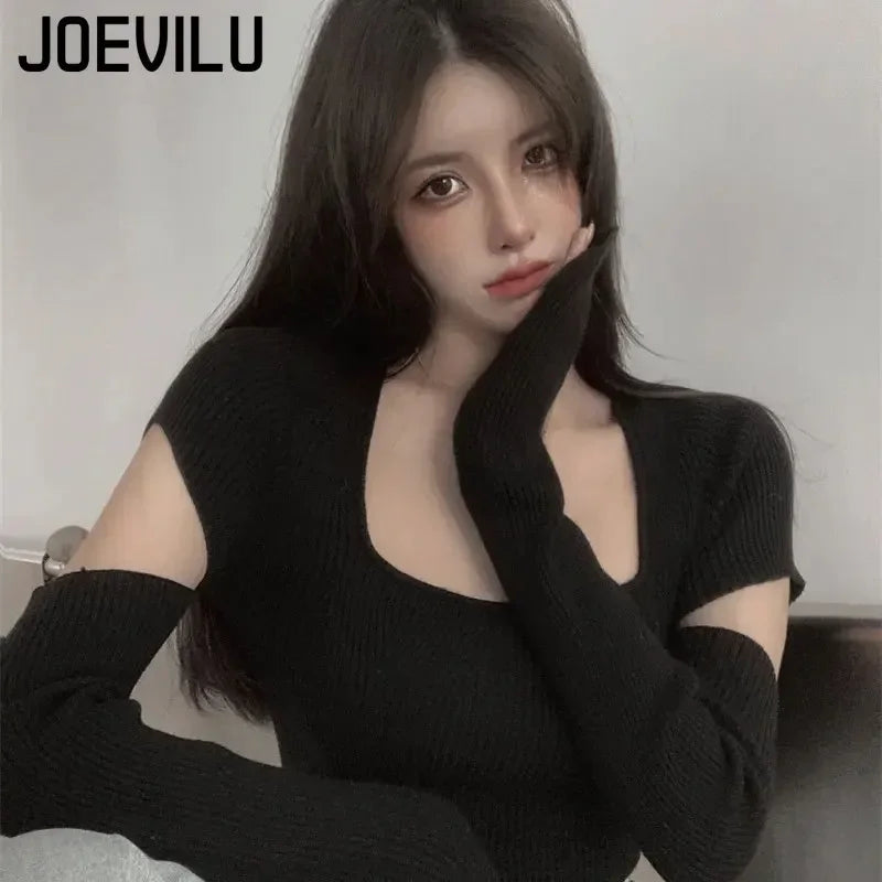 JOEVILU Skinny Pullovers Square Neckline Removable Sleeve Knitting Sweater Korean Fashion Harajuku Jumper Hollow Out Y2k Tops