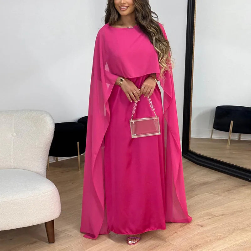 New Elegant Women Big Hem Long Dress Casual O Neck Solid Color Chiffon Loose Dress Muslim Ladies Shawl Sleeve Evening Dress Robe