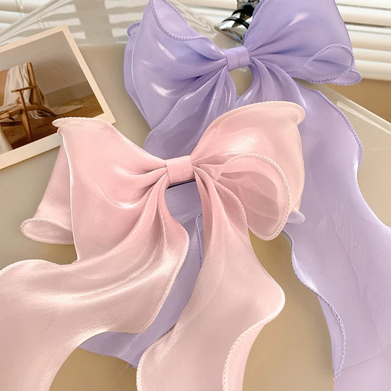 Sweet Chiffon Bow Hair Clips Girls Blue Shining Satin Bowknot Hair Clips Ribbon Bow Barrette Hairpin Grip Ponytail Clip Headwear