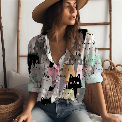 2024 new women's shirts many cats 3D digital printing four-sided stretch fabric fashion trend women's tops shirts