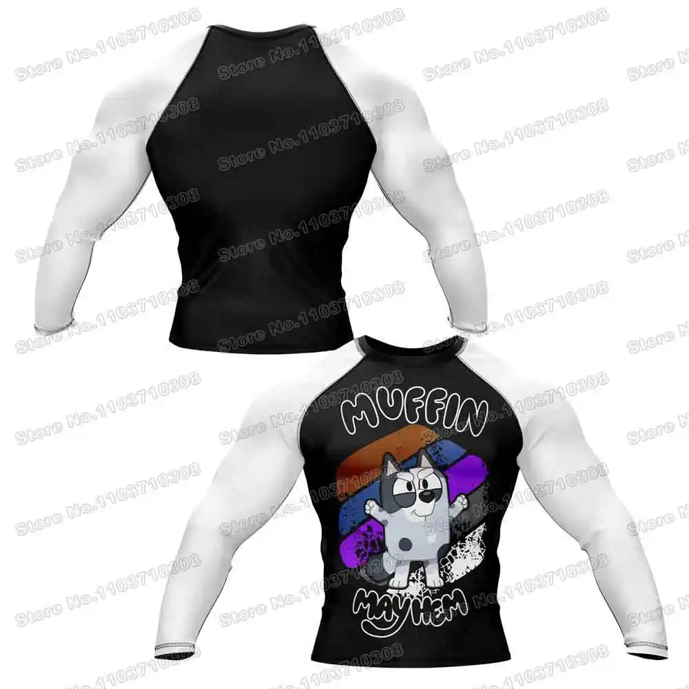 Muffin Mayhem Shirts WWF Rash Guards Surfing Jersey Beach Shirts Swimwear Diving Gym Shorts MMA BJJ Men Jiu Jitsu Fitness Sets