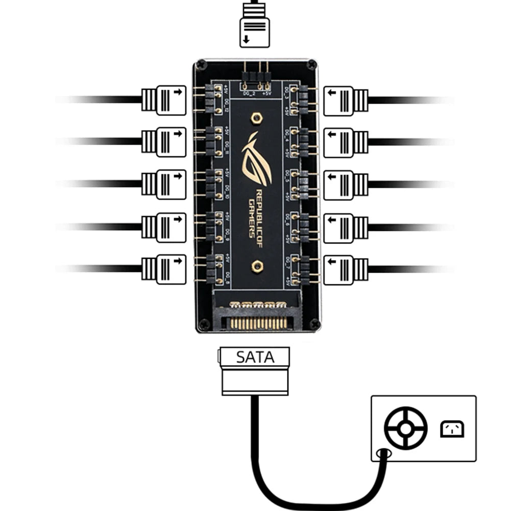 5V 3PIN ARGB Extension Splitter for Gigabyte MSI Electron PC Computer Extension Cable 10 Ports RGB Fan HUB SATA Power